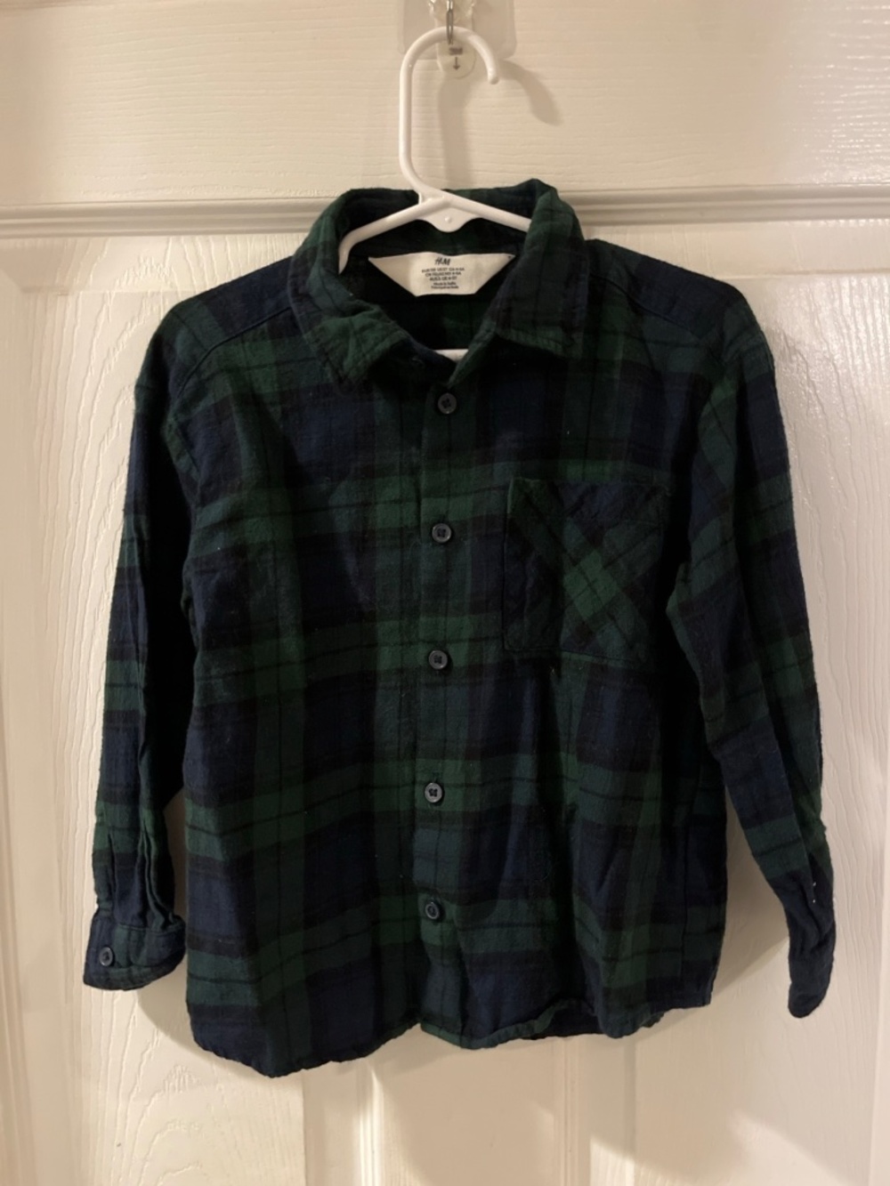 H&M Boys Green Navy Plaid Fleece Flannel Shirt 4-5Y